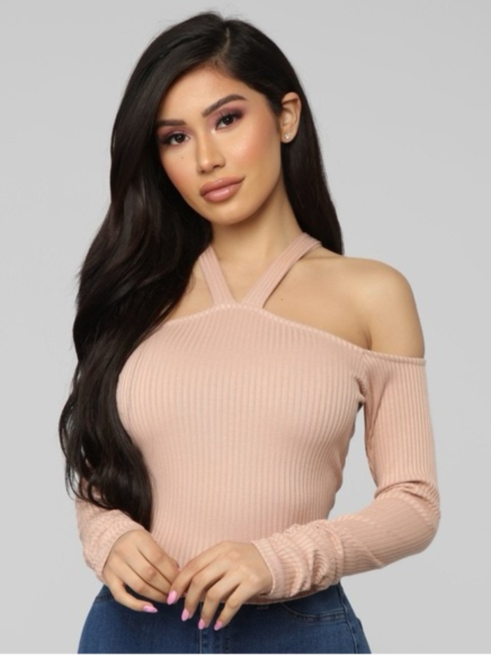 Fashion Nova Blush Pink Ribbed Off-Shoulder Halter Top